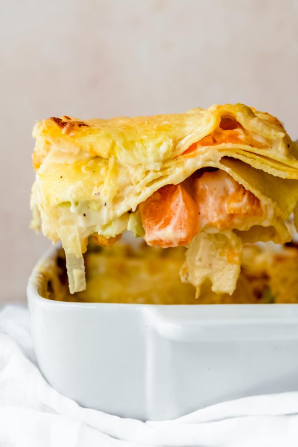 Vegetarische lasagne met prei en pompoen