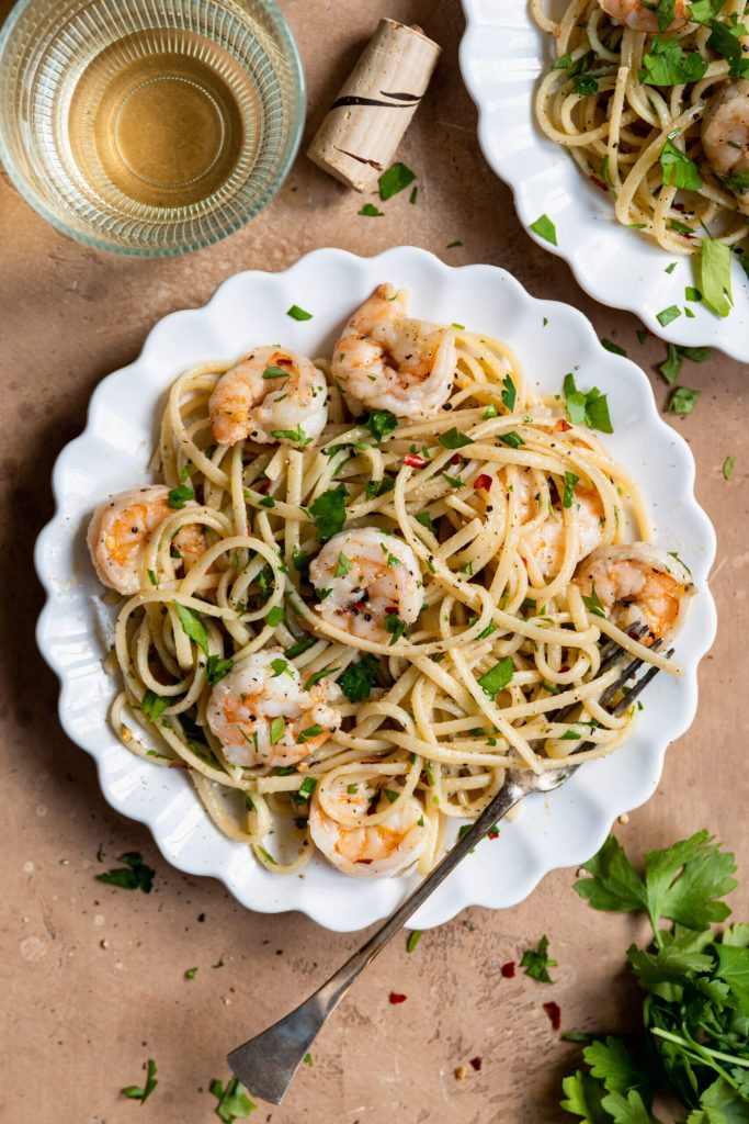 Shrimp scampi, spaghetti met garnalen