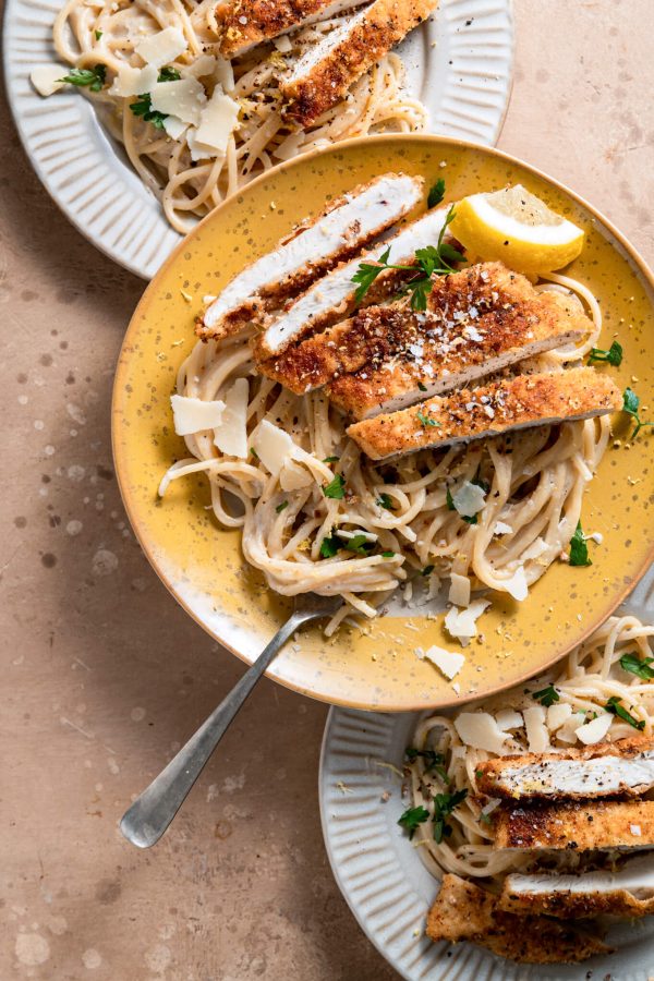Spaghetti alfredo met krokante kip