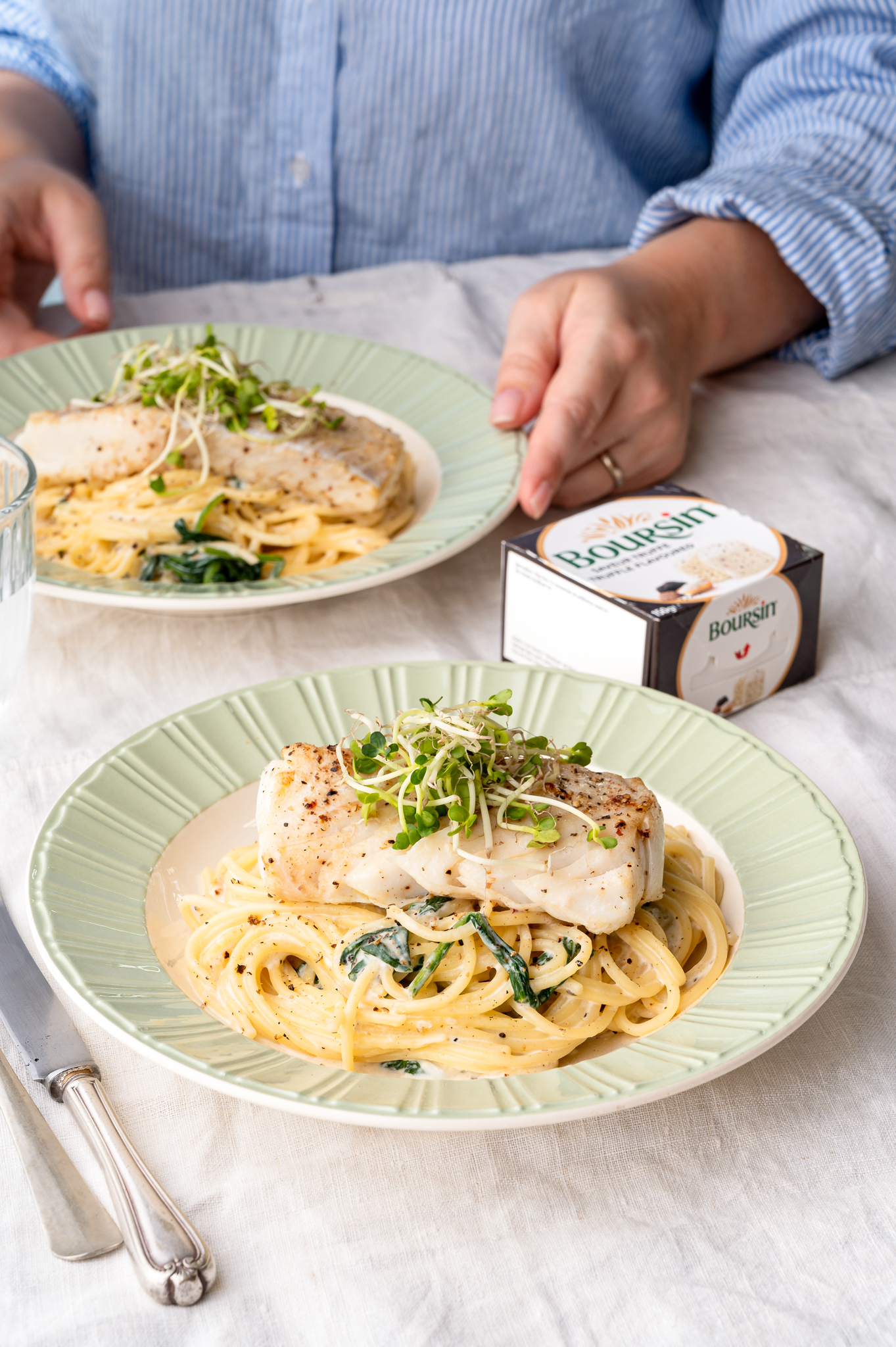 Spaghetti met Boursin truffelsmaak en kabeljauw