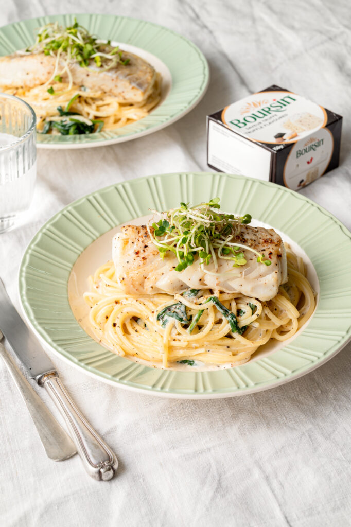 Spaghetti met Boursin truffelsmaak en kabeljauw