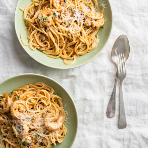 Crispy chili olie spaghetti met garnalen