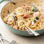 Pasta zalm, Boursin, spinazie en cherrytomaten